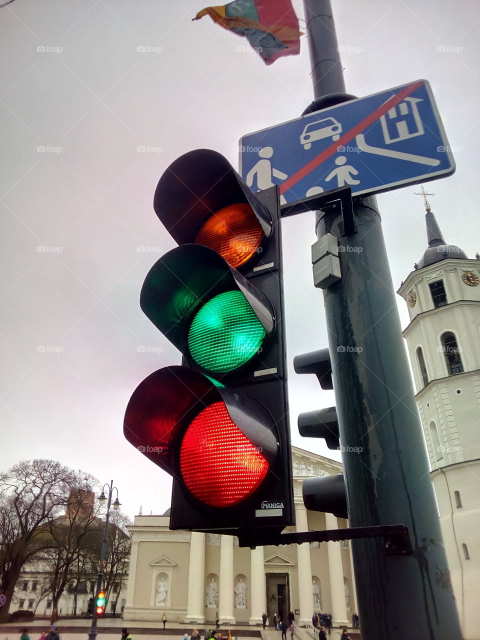 unusual traffic lights three colors at once. Vilnius cathedral