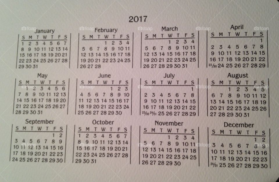 2017 calendar by month