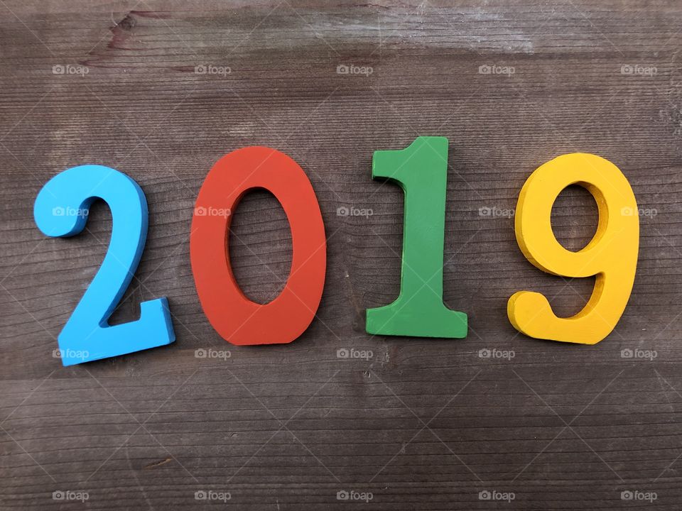 2019 year with colored wooden letters