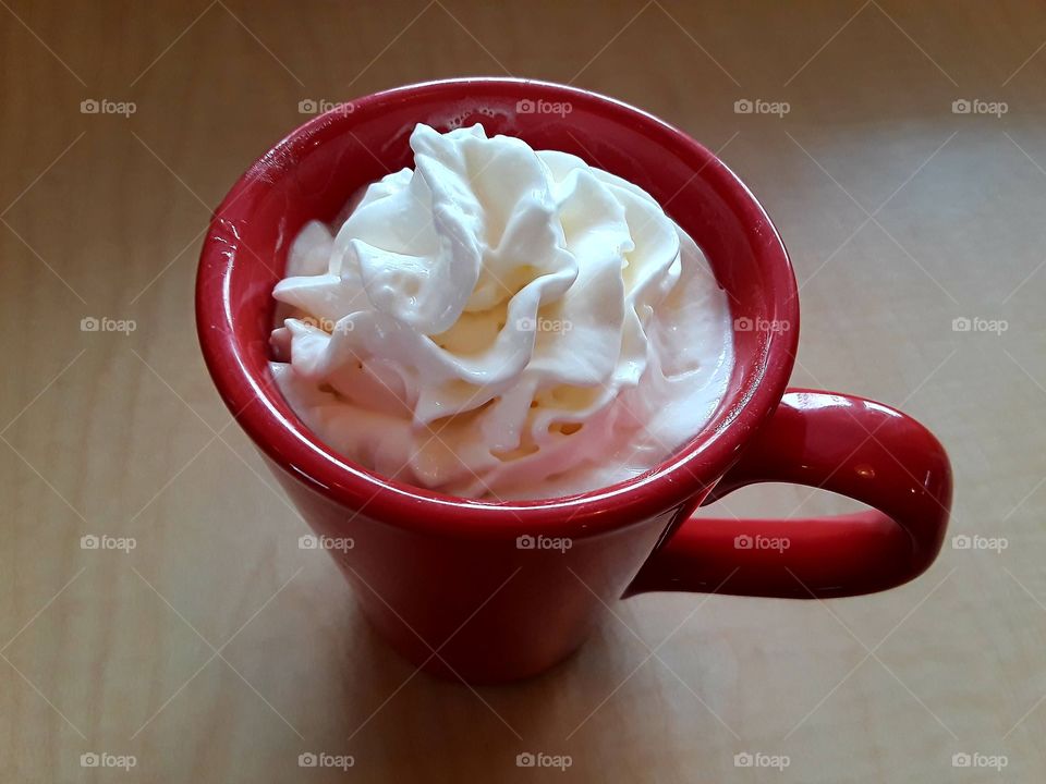 Vanilla Cappuccino In Red Mug With Whipped Cream Topping