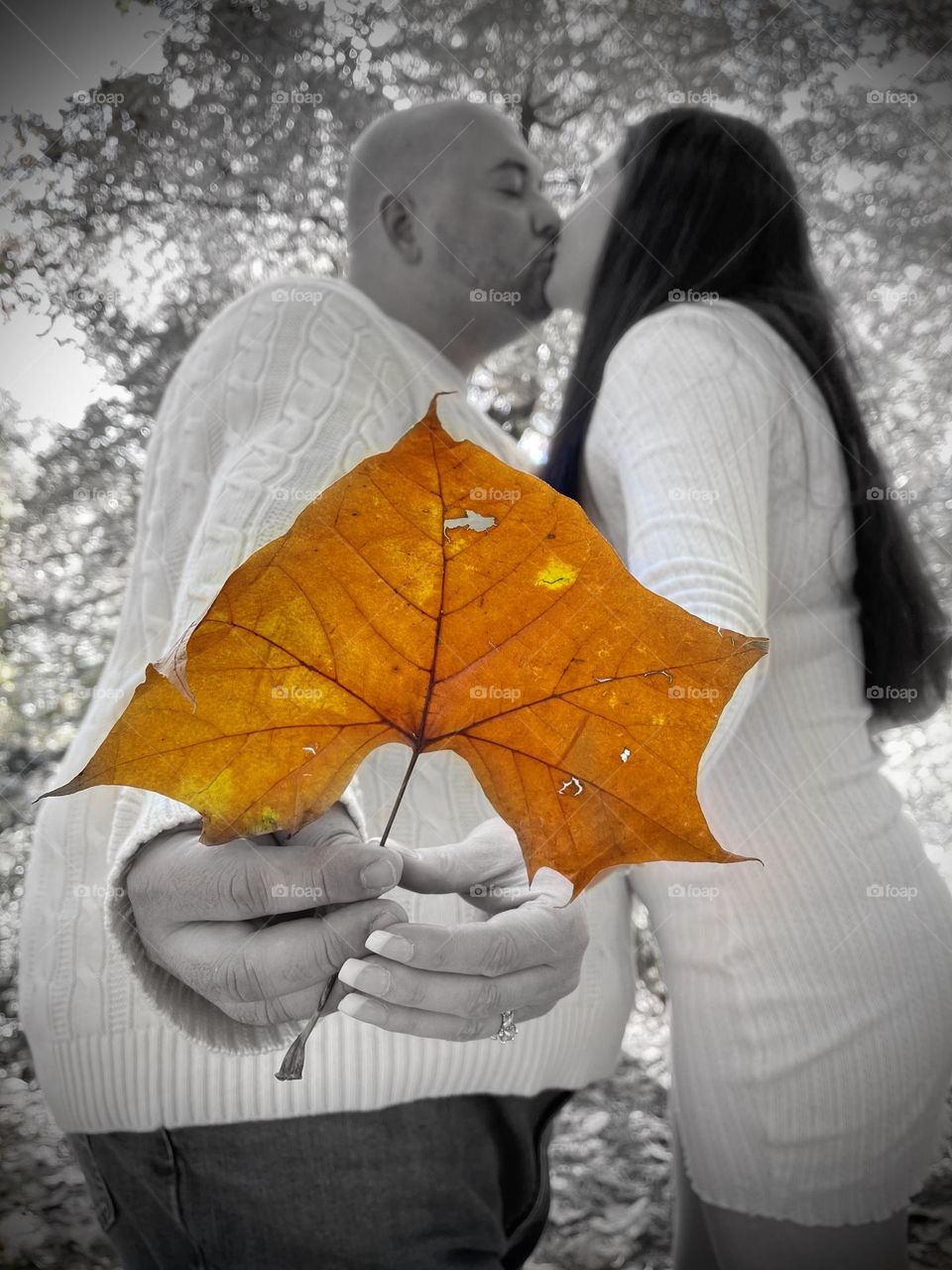 Portrait of a couple kissing while holding a fall leaf