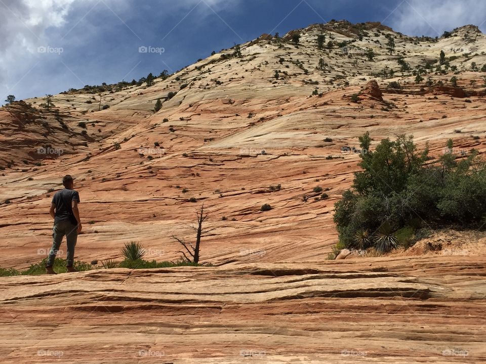 Man is looking at the top of the big mountain in the middle of the Zion national park,Utah