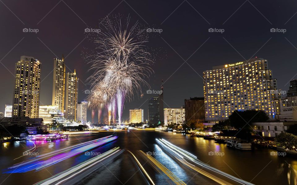 New Year Firework from Chao Praya River Bangkok