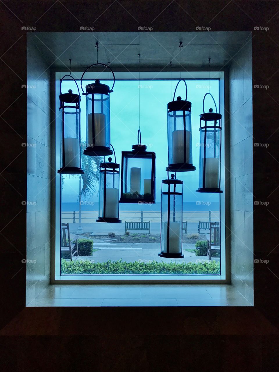 Candles view with ocean background 