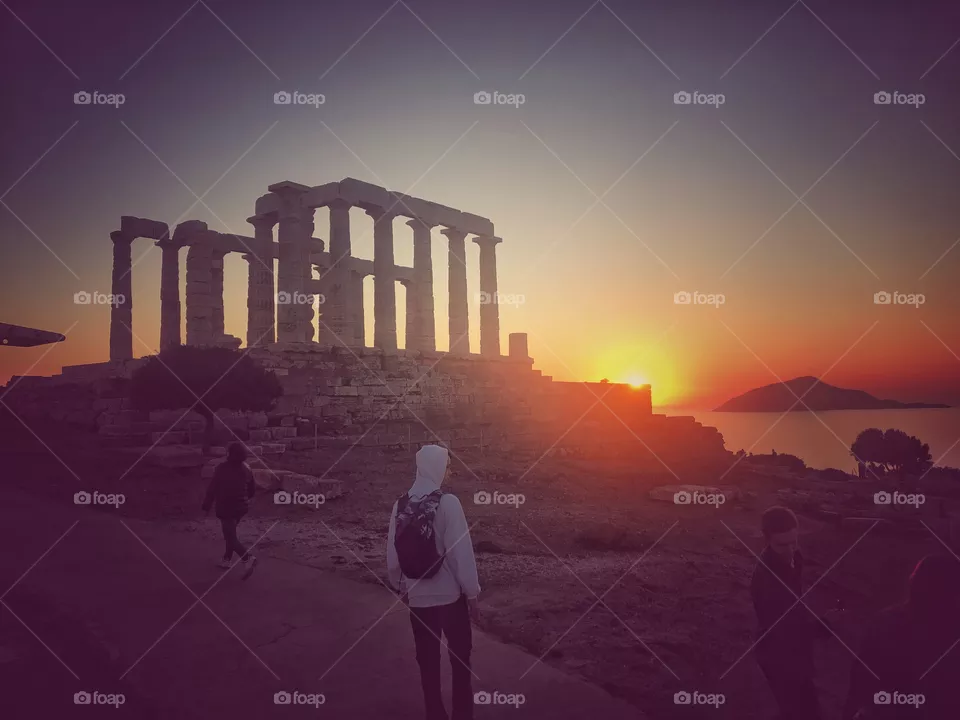 Sunset at Cape Sounion. Temple of Poseidon. Greece. 