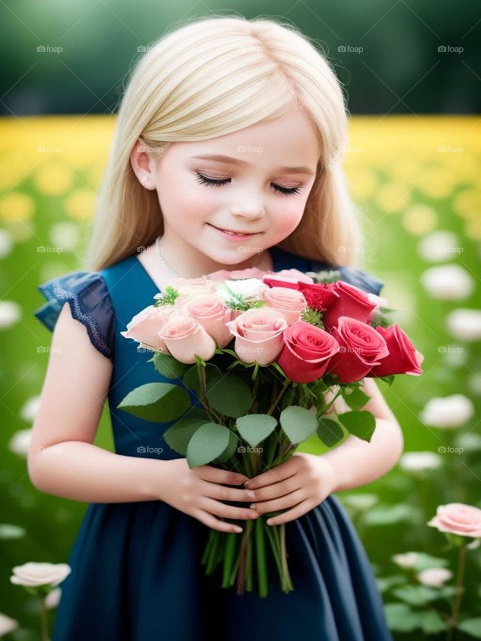 Beautiful blonde girl holding a bouquet of roses