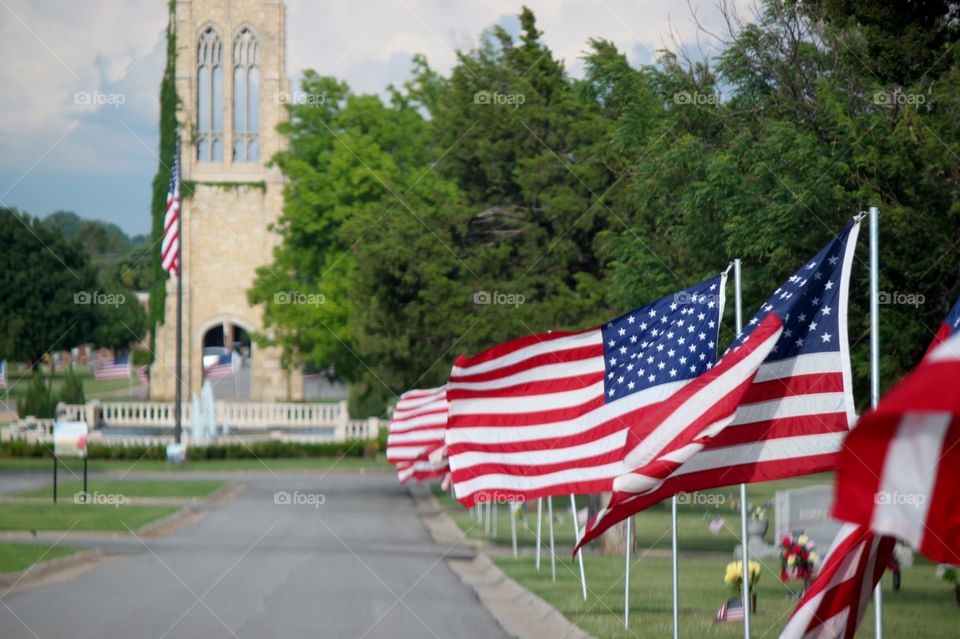 Row of Flags at Cemetery for Memorial Day