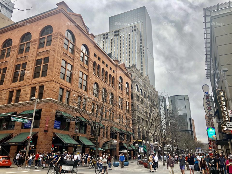 16th street mall in Denver. Historic buildings in downtown