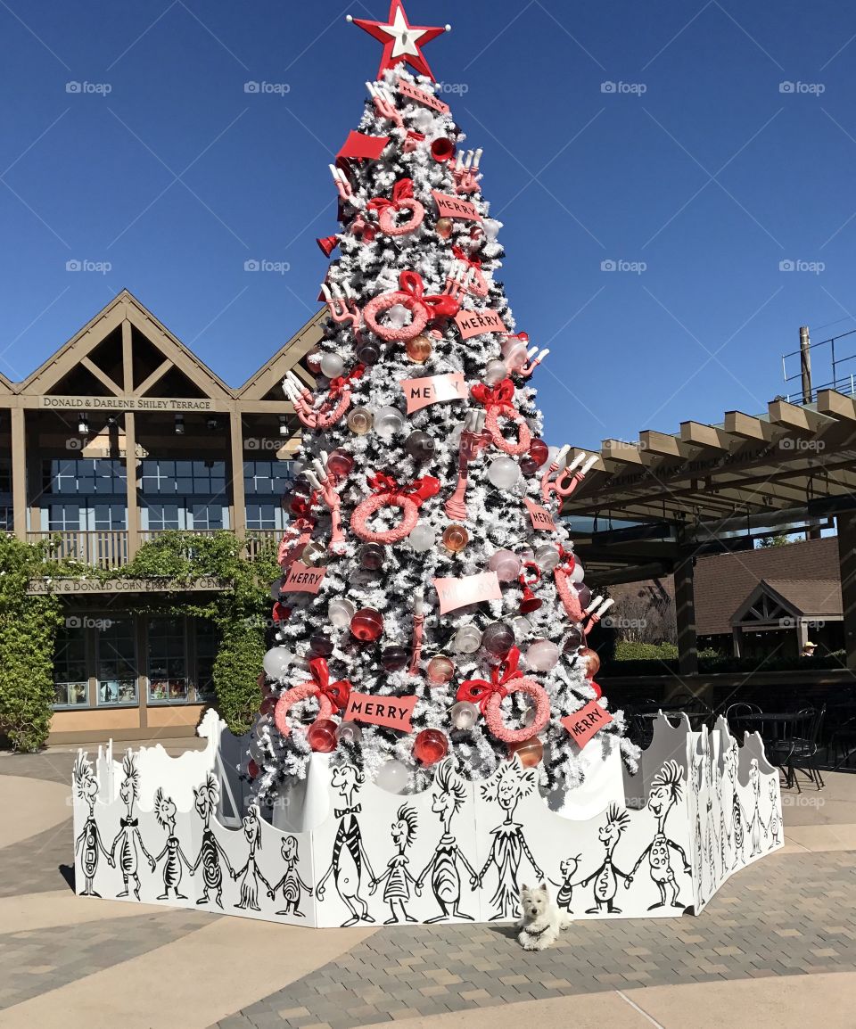 Grinch tree old globe San Diego with Mac in whoville 