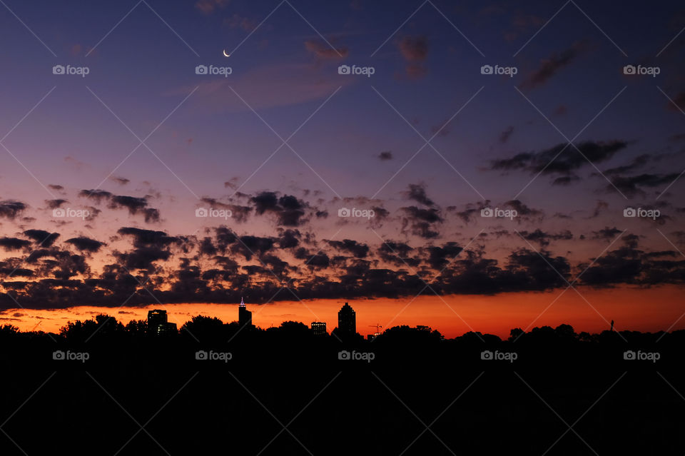 Raleigh skyline in the early morning twilight as seen from Dorothea Dix Park. 