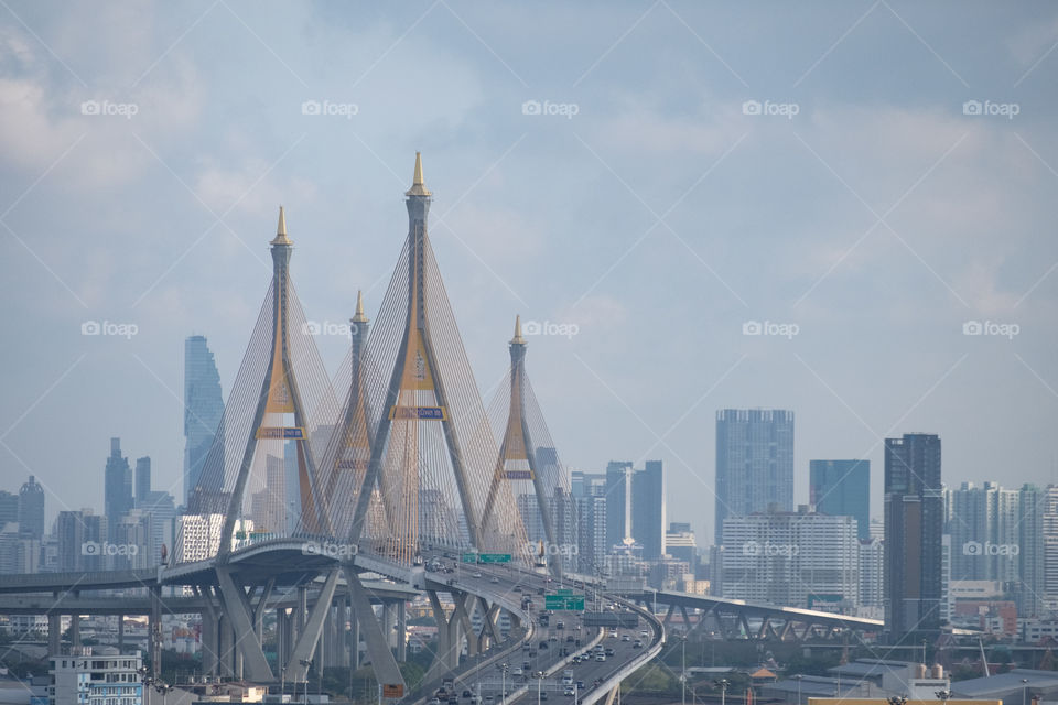 Thailand-May 02 2020:Traffic conditions on the Bhumibol Bridge during the time that Bangkok announced the request for cooperation from the people to stay home
