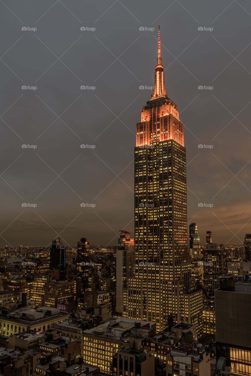 View of Empire State Building at dusk.