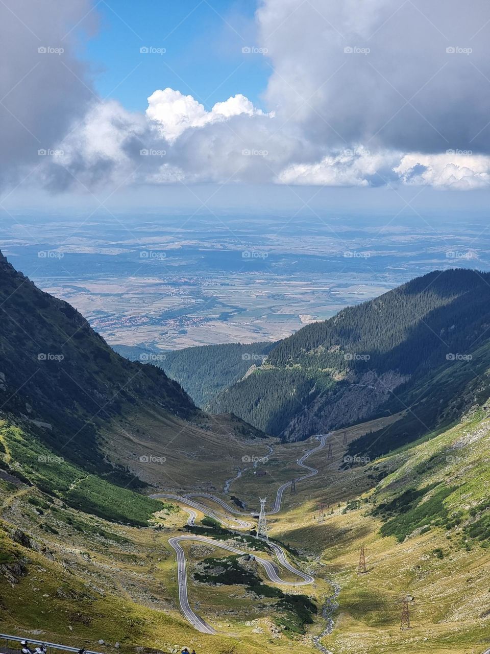 View from the mountain top on the majestic Transfagarasan road with many hairpin curves in Romania, Europe