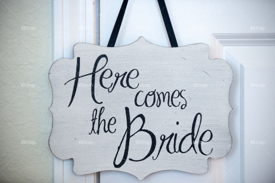 "Here comes the Bride" White Vintage Wedding Sign with black letters