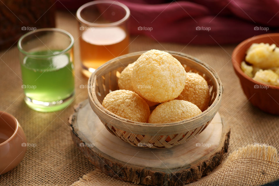 Indian food snacks Gol Gappe or Pani Puri, also known as Puchka.