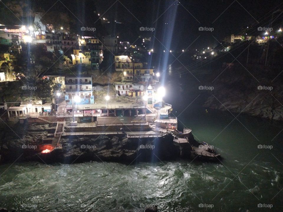 Wonderful night view of the Devprayag Sangam; the confluence of the Bhagirathi and the Alaknanda
