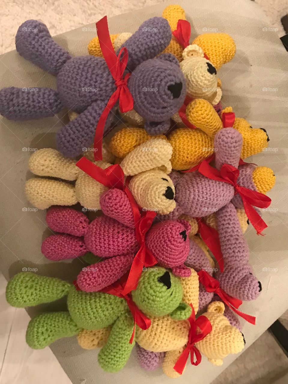 Handmade crocheted multicolored teddy bears