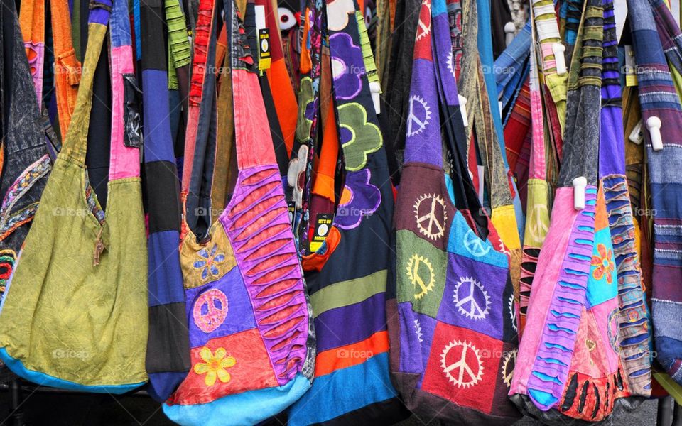 Colorful bags at a store in Antwerp.