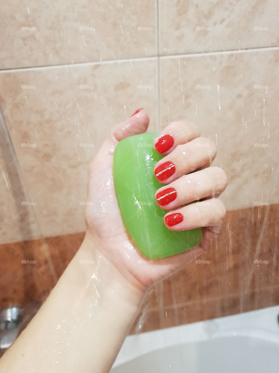 Soap, green soap, manicure, red manicure, shower