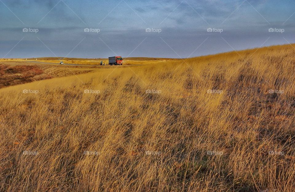 Red truck in steppe. 