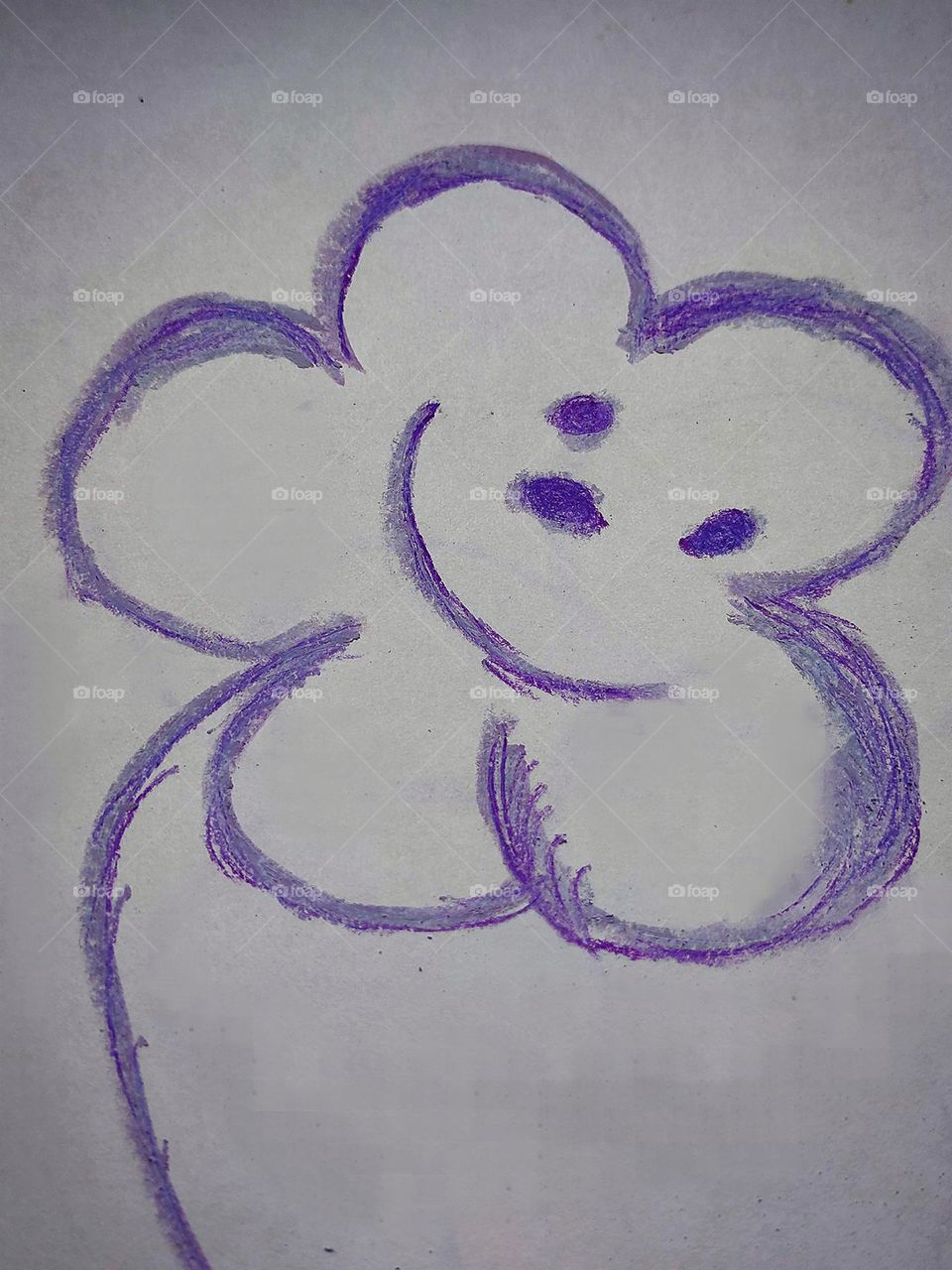 Drawing on white paper. Purple flower that smiles