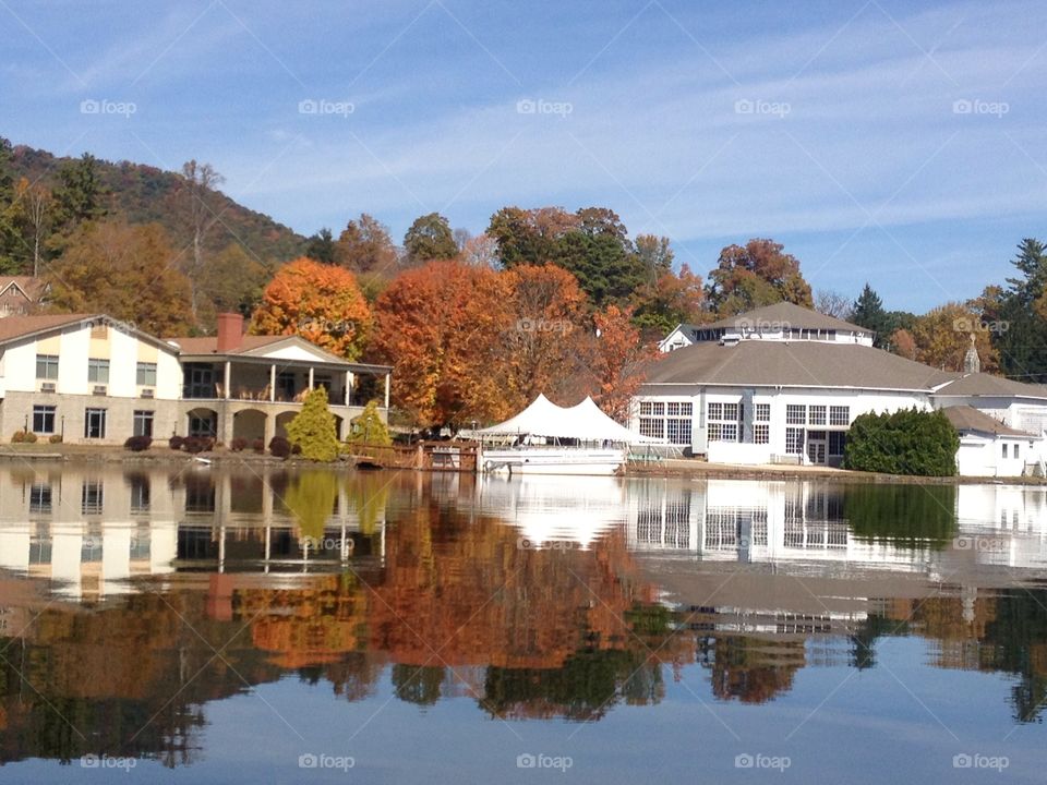 Reflected Fall Beauty . Church conference center as seen from our kayaks
