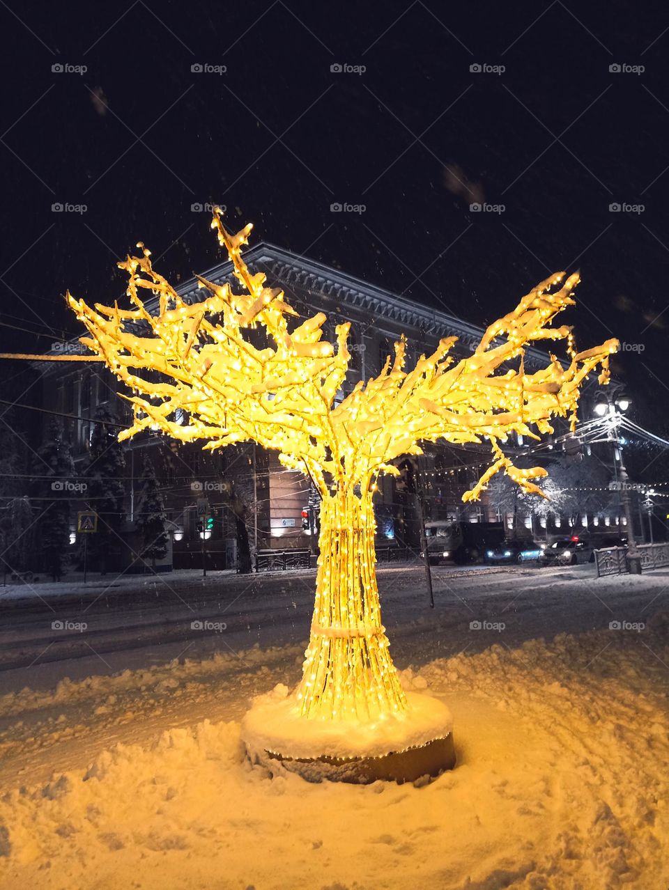 A fiery tree in the snow