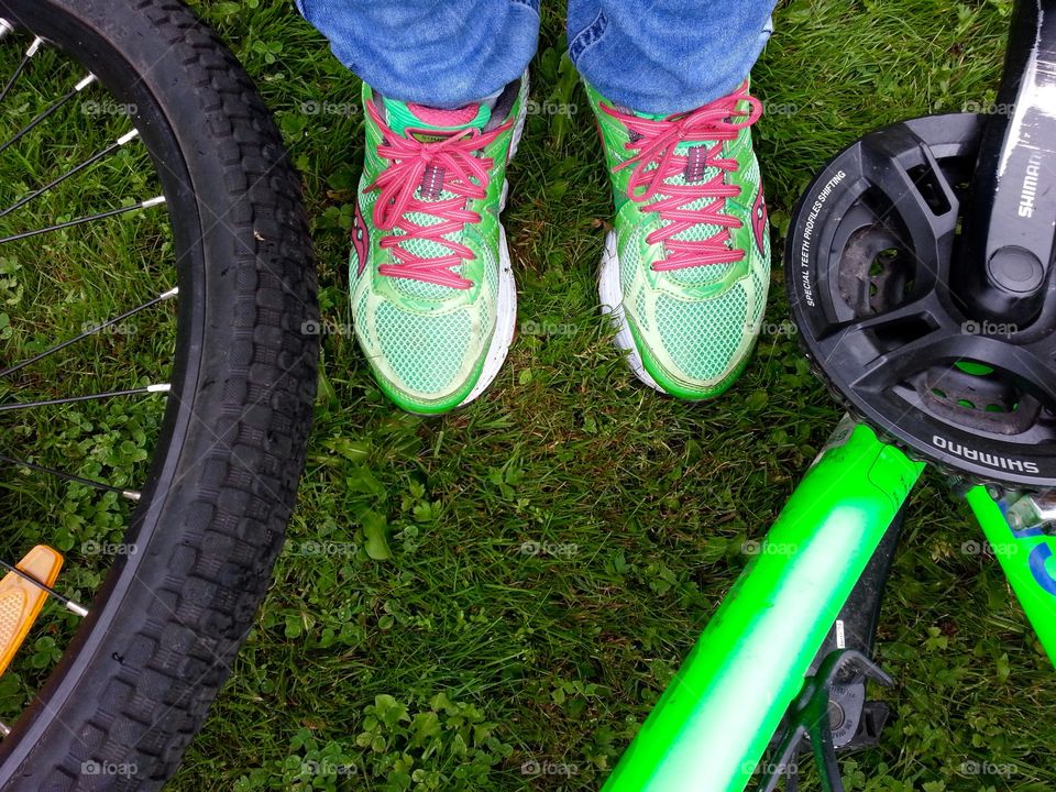 Photo taken with my jogging shoes and my sons bike. Both have a lovely green color.