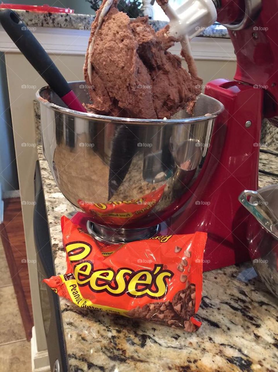Baking Chocolate peanut butter cookies Reese’s chips kitchen aid mixer dough 