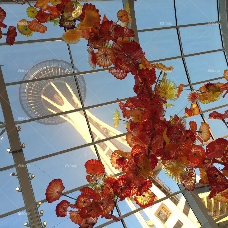Seattle Sights . Space Needle and Chihuly glass flowers 