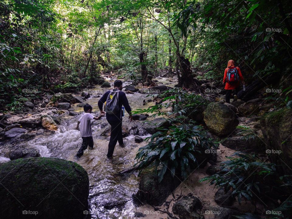 A young family hiking along the stream in the rainforest