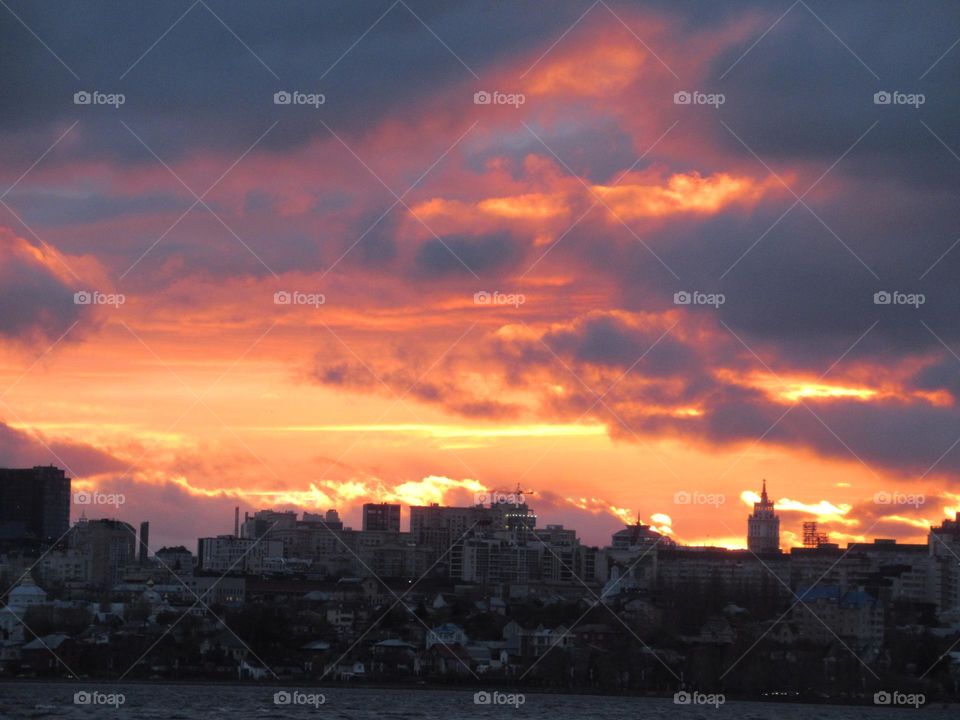 sky at sunset in November autumn, Russia, Voronezh city, river