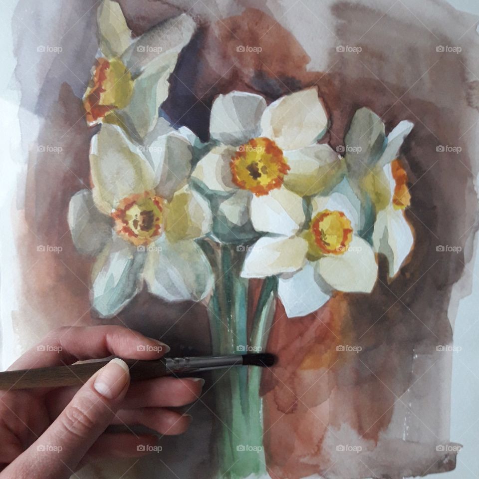 Watercolor flower's painting in process