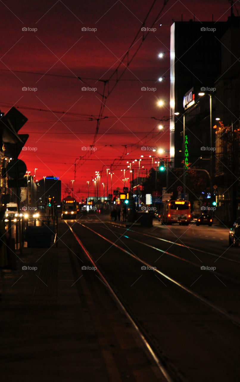 Red sunset in Warsaw 