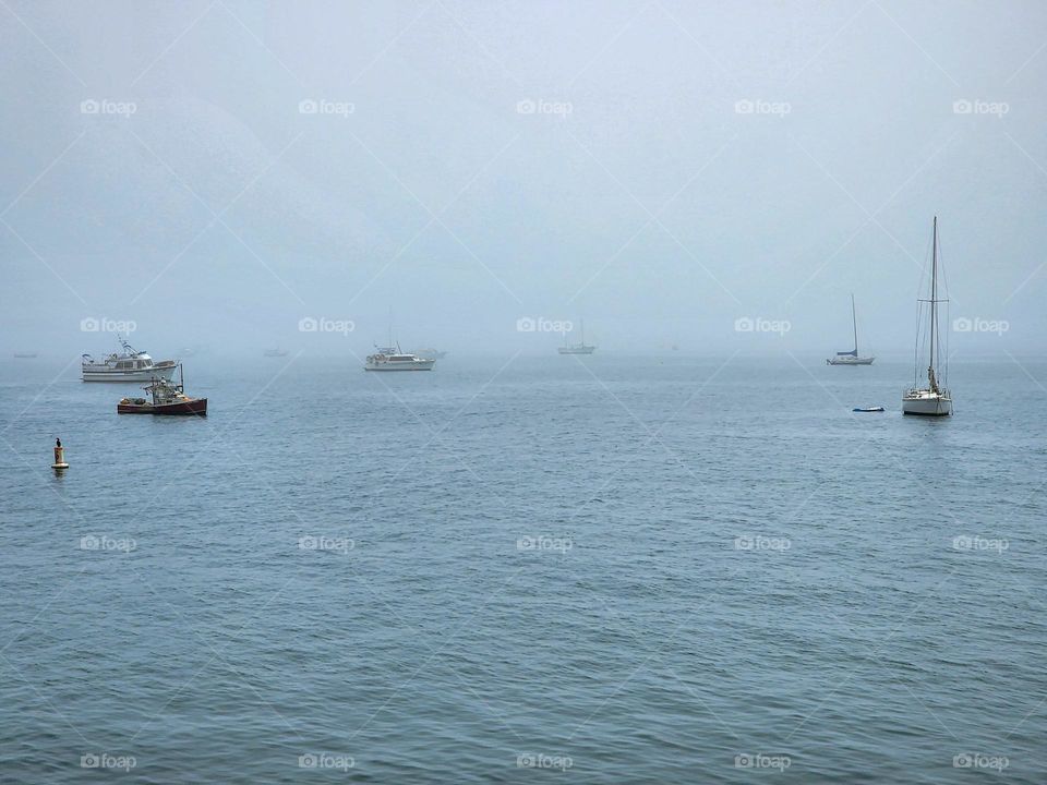 Small boats float in a fog shrouded harbor