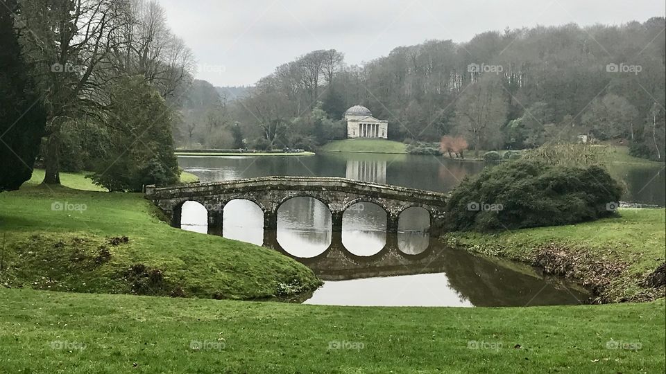Stourhead lake, with bridge in the foreground 