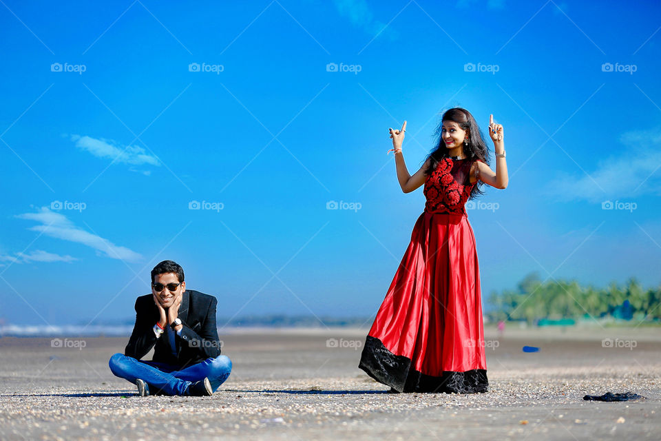 Cute couple standing in river