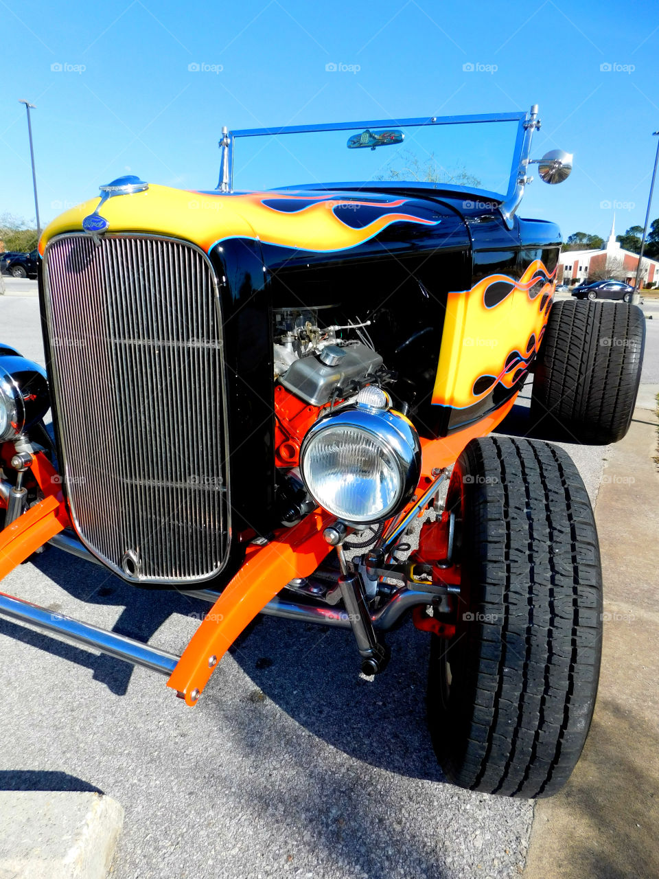1932 Ford Hi-Boy Roadster parked in the church parking lot! Powered by a powerful 383 Stroker V8!