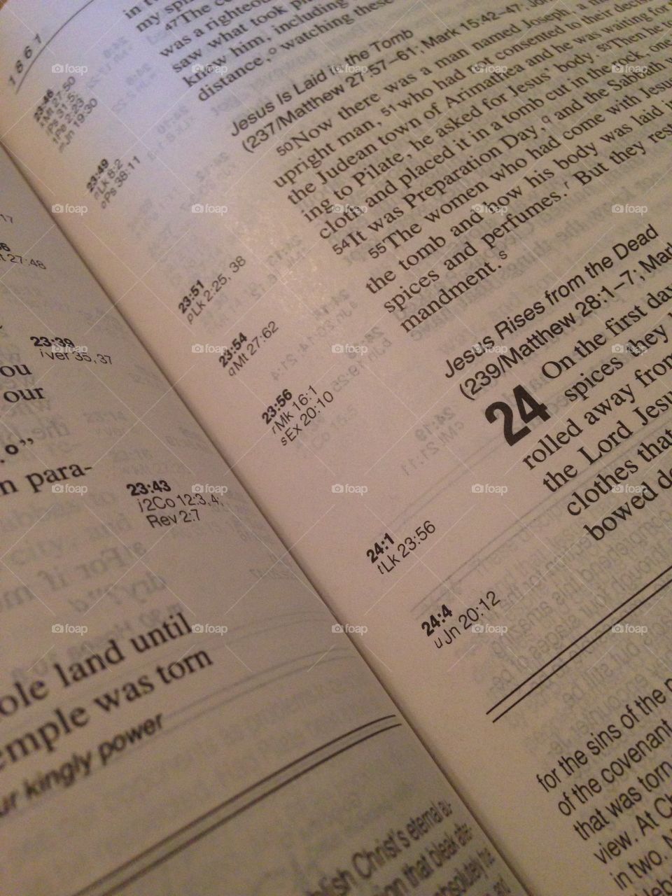 Words of truth. Bible open to story of Jesus resurrection 