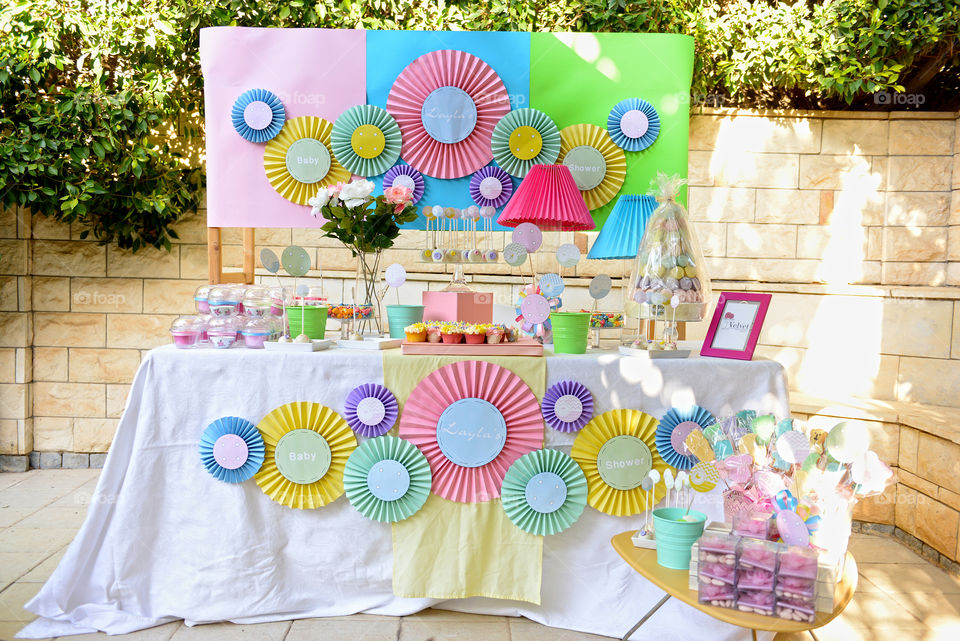 colorful candy table for a baby shower