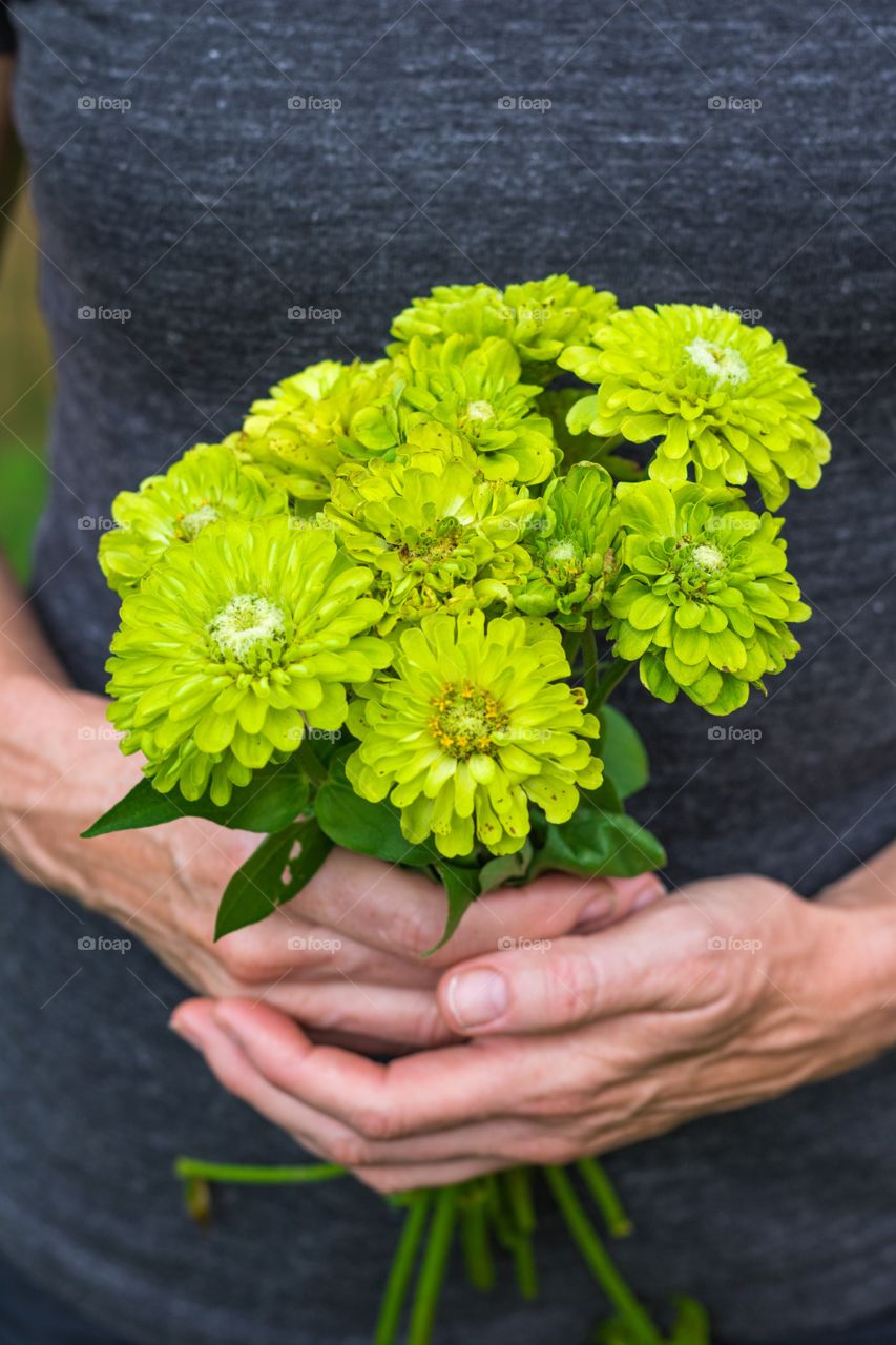 Vertical photo of a bouquet of green flowers in the hands of a Caucasian woman wearing a grey shirt