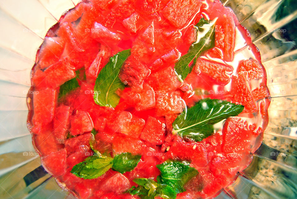 flat lay, top down of watermelon and mint infused water