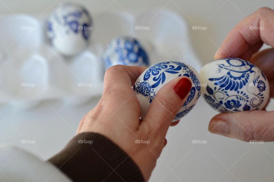 Easter spring holiday eggs in the hand person, traditions