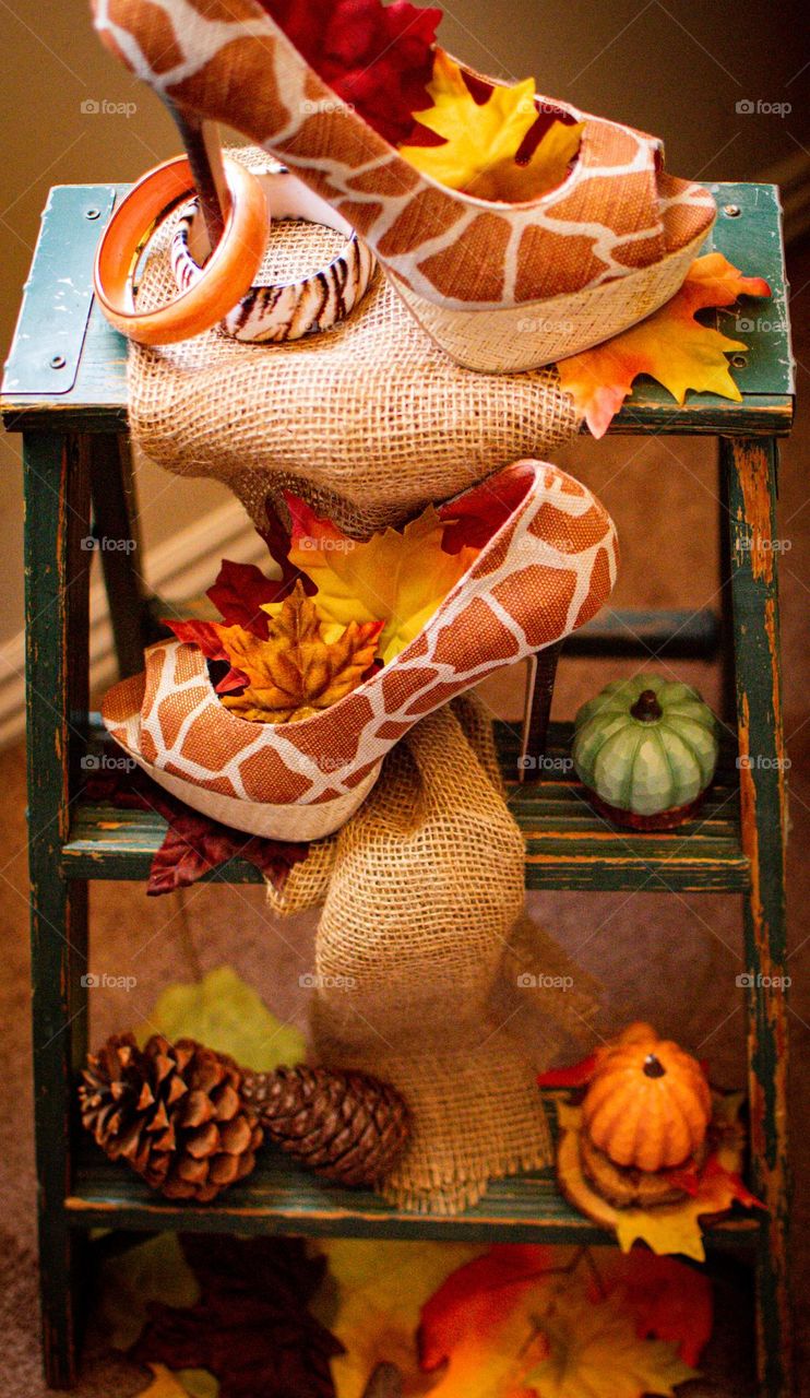 Sexy orange heels in a giraffe pattern on a latter with fall decor