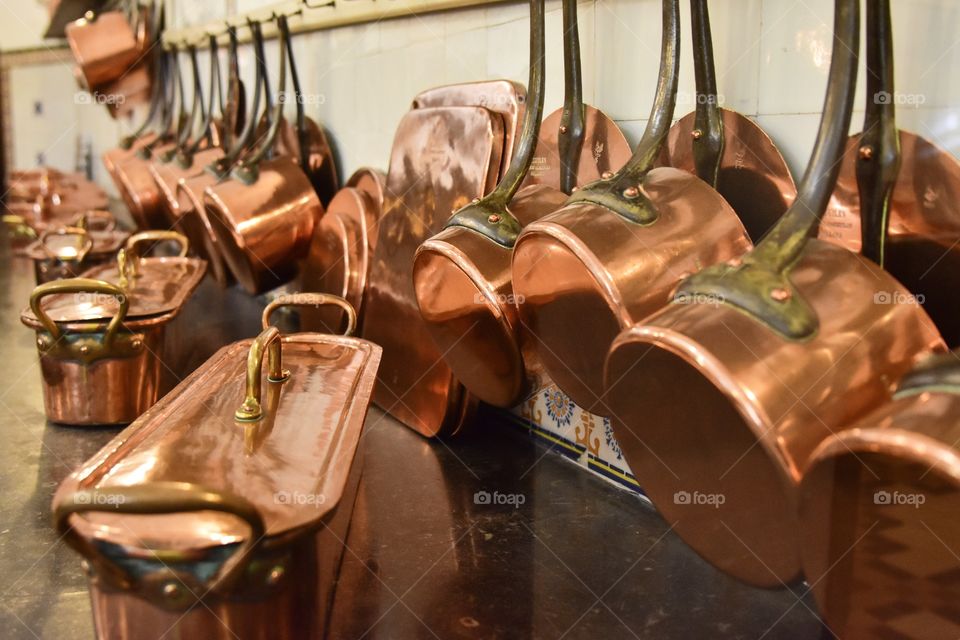 Copper pans in a old kitchen
