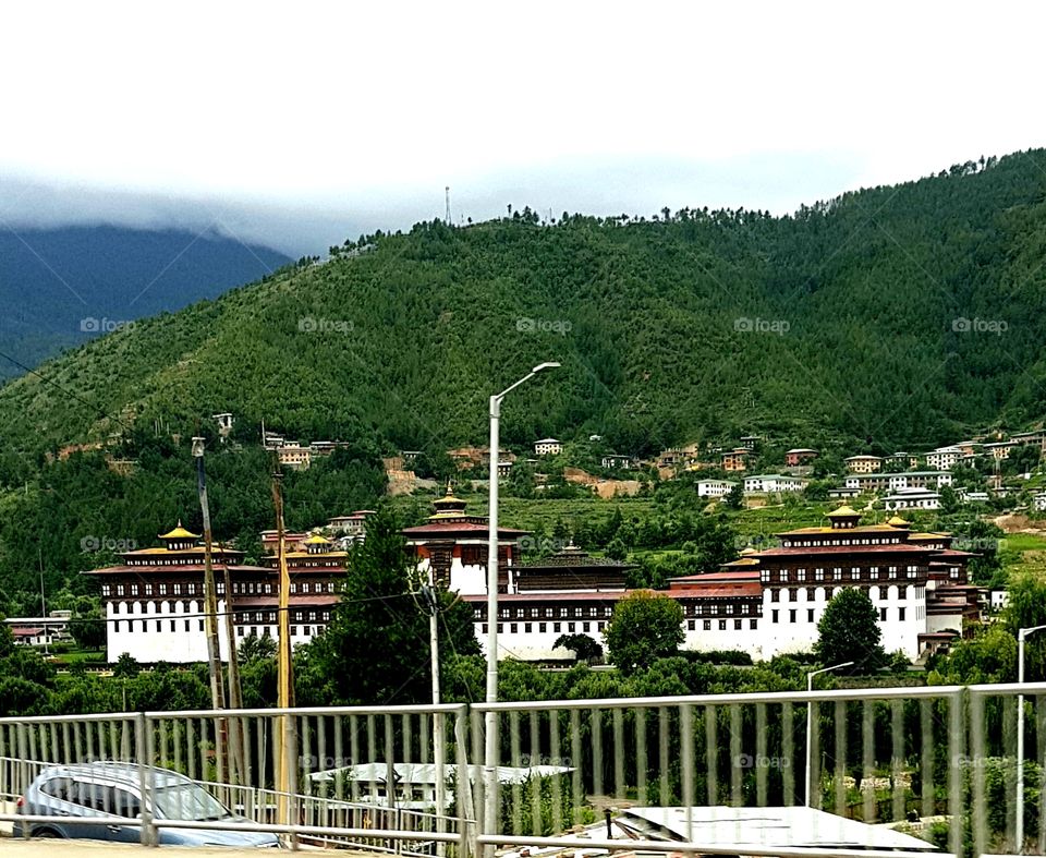 This is the view of Tashichho Dzong in Thimphu City. It's the central MONASTERY and fortress in the northern edge of Thimphu city, Bhutan