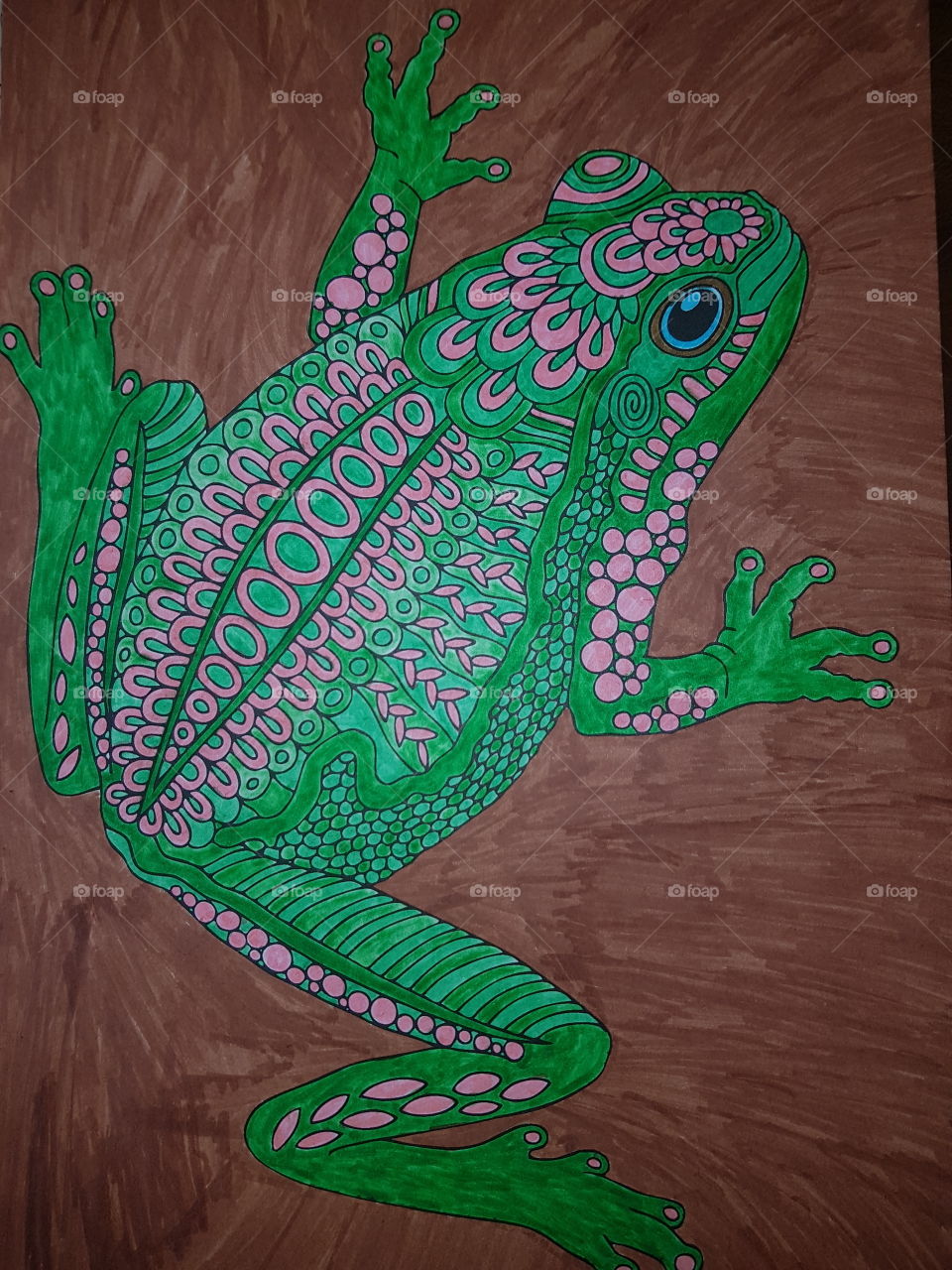 Green with pink colored frog. Art.