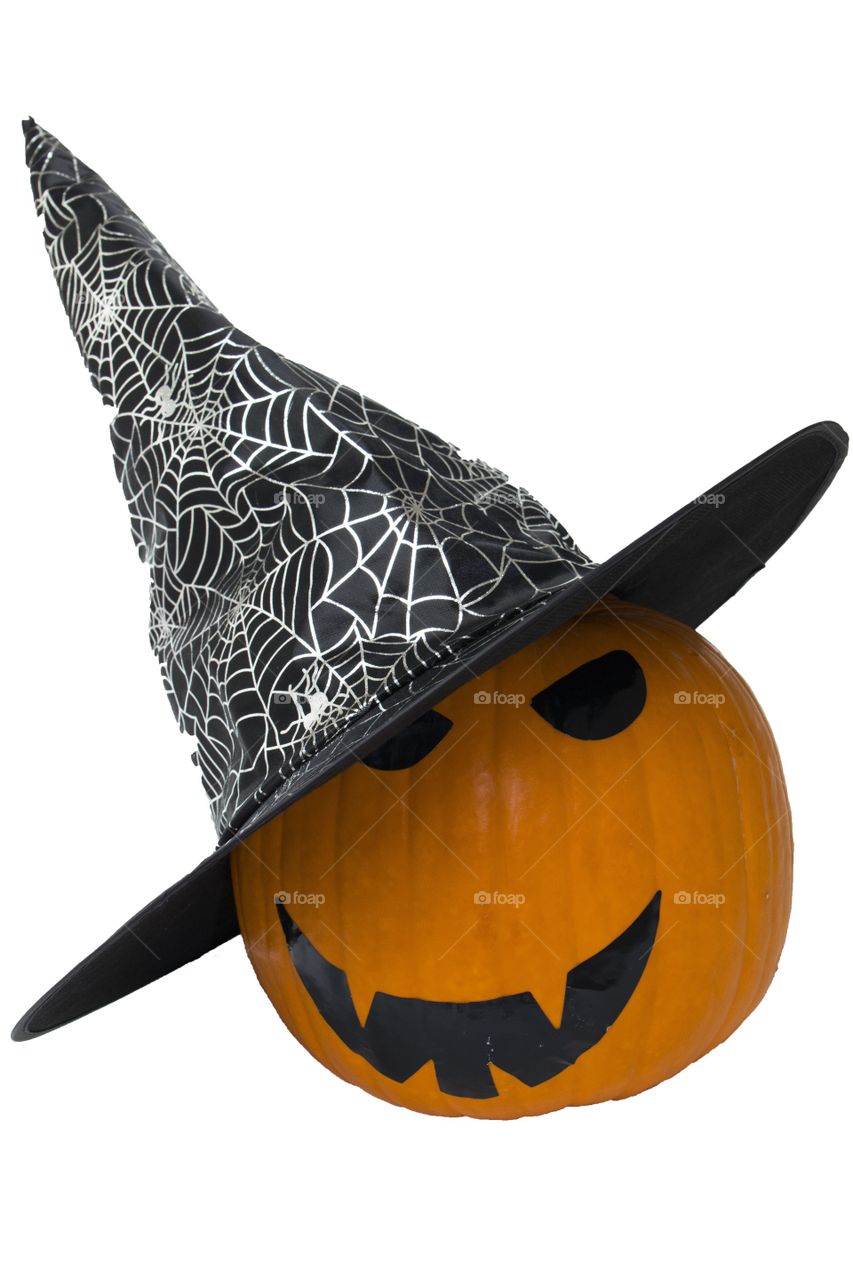 Pumpkin in a big black hat for Halloween 