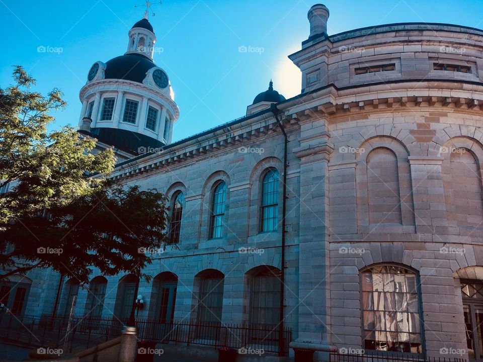 Historic city hall in Canada’s first capital, Kingston. Blue sky and stunning architecture. 