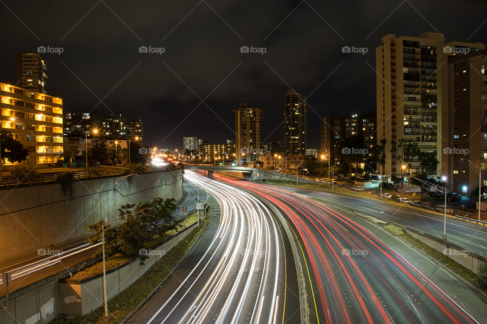 Light trails on road at night